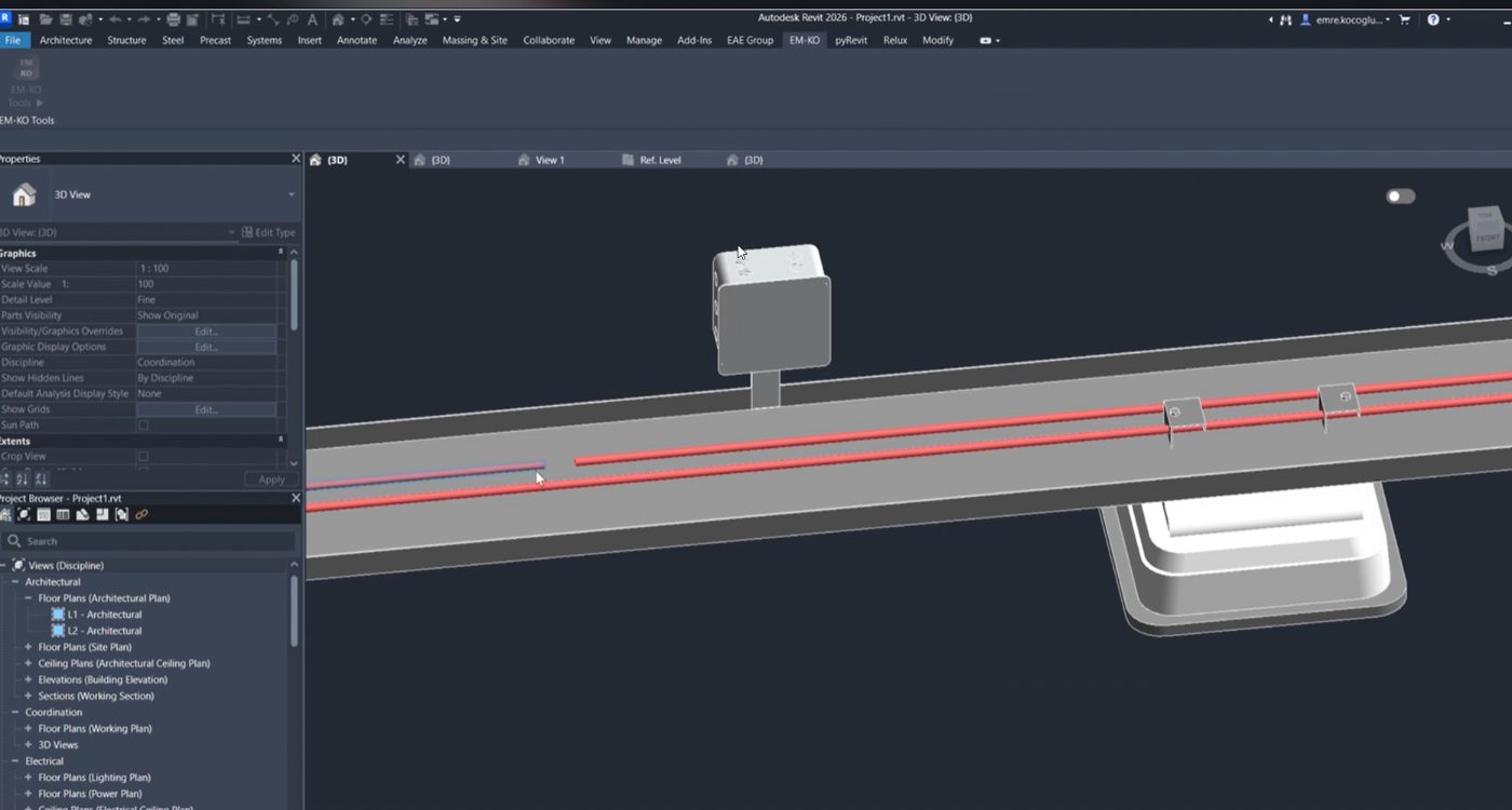 EMKO Tools Hub kablo tavası ve buat yerleşimi — Revit