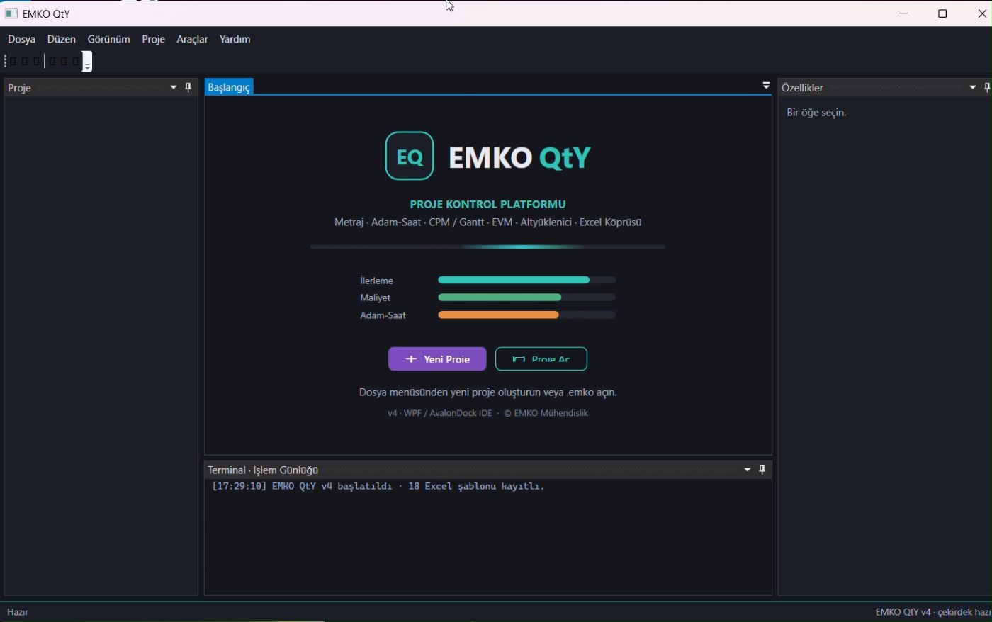 EMKO QtY proje kontrol platformu ekran görüntüsü