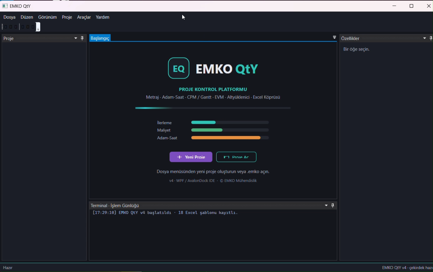 EMKO QtY proje kontrol platformu ekranı
